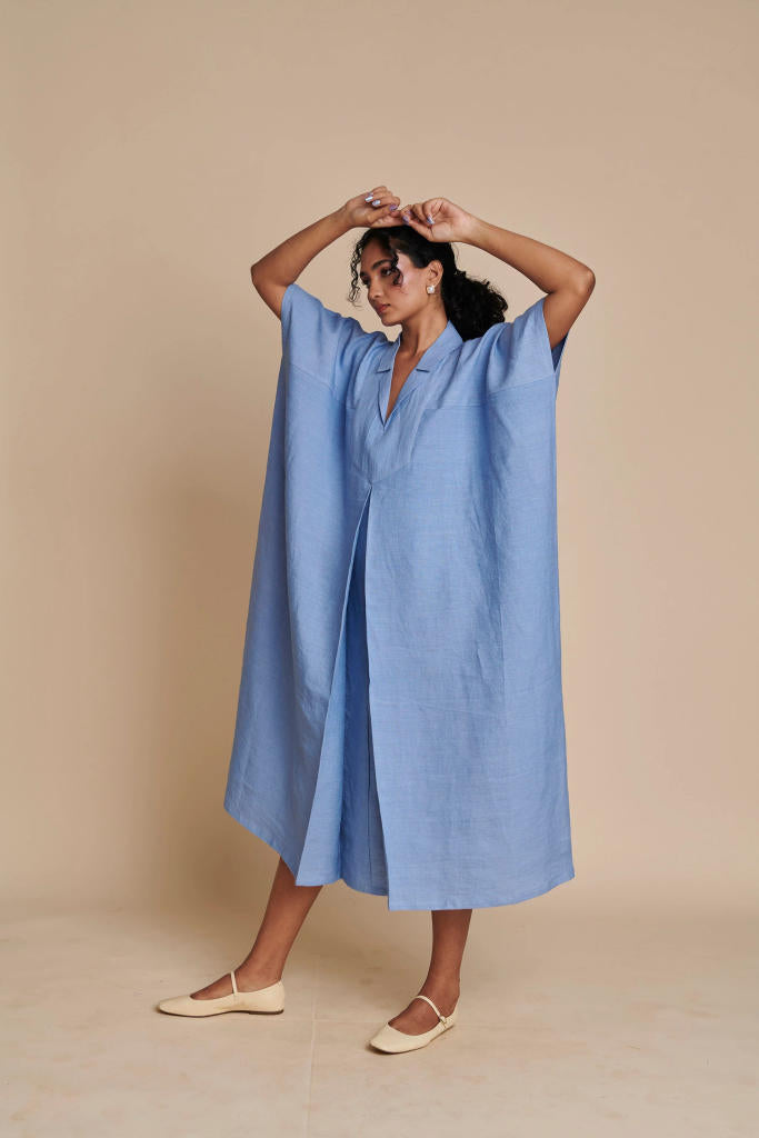 Ashwem Linen Kaftan Dress linen by Saphed in blue color for women Worldwide