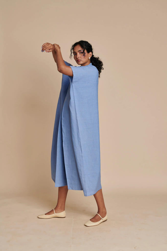Ashwem Linen Kaftan Dress linen by Saphed in blue color for women Worldwide
