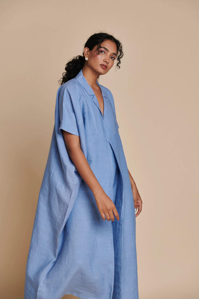 Ashwem Linen Kaftan Dress linen by Saphed in blue color for women Worldwide