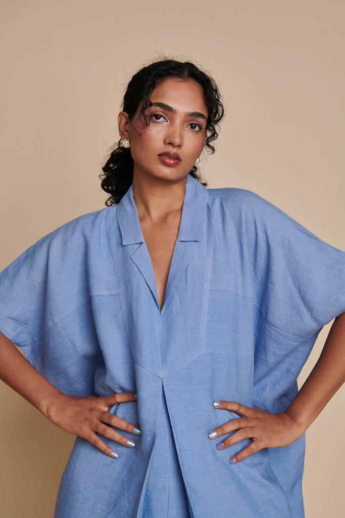 Ashwem Linen Kaftan Dress linen by Saphed in blue color for women Worldwide