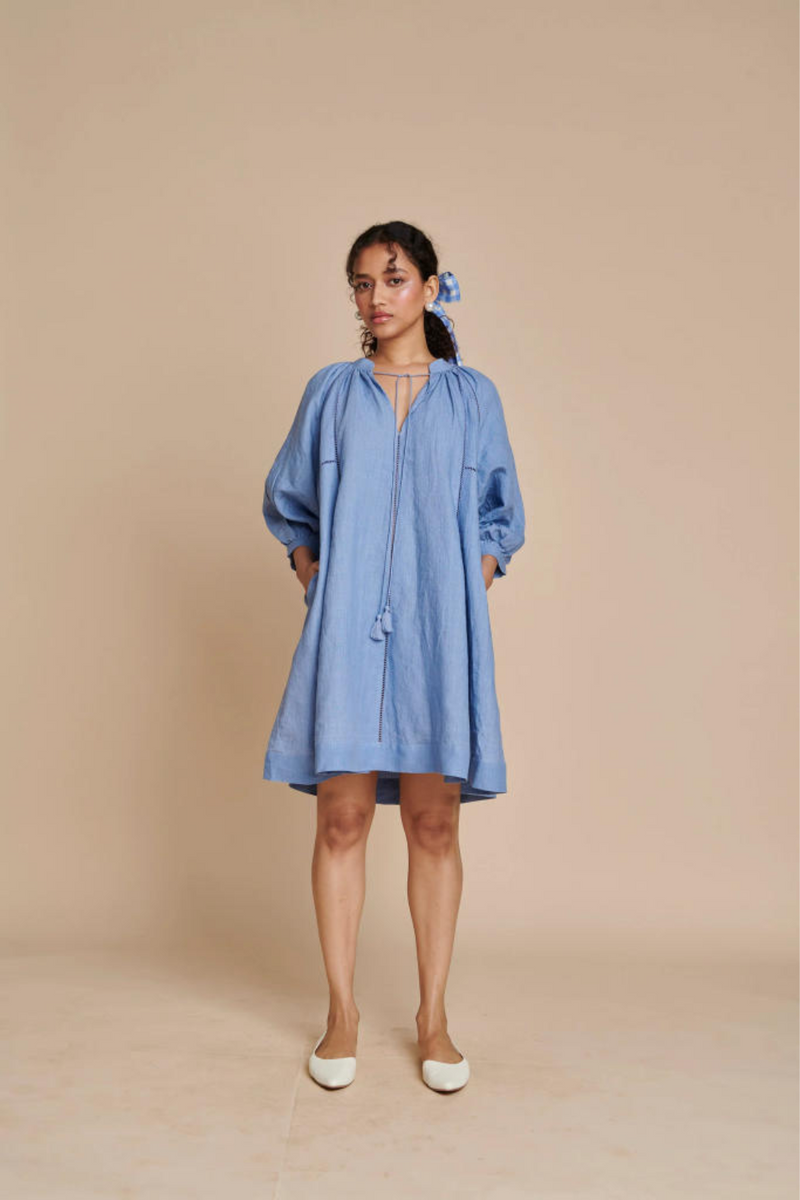 Ashwem Linen Lace Panelled Dress linen by Saphed in blue color for women Worldwide