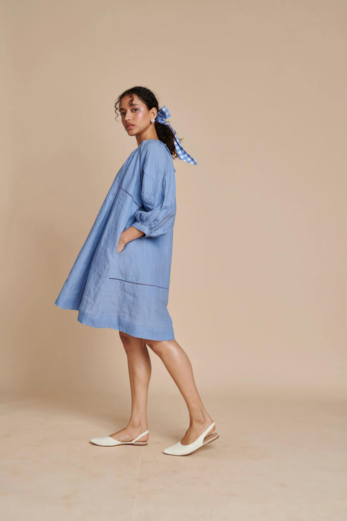 Ashwem Linen Lace Panelled Dress linen by Saphed in blue color for women Worldwide