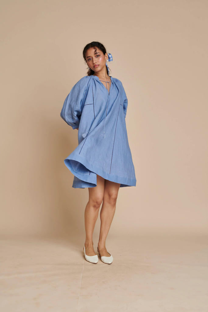 Ashwem Linen Lace Panelled Dress linen by Saphed in blue color for women Worldwide