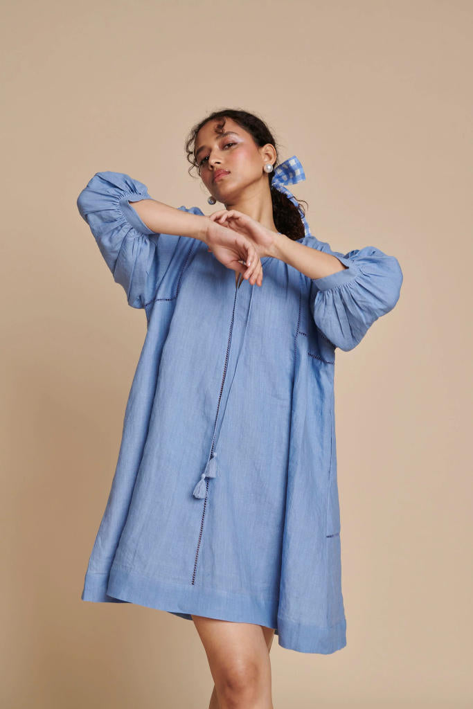 Ashwem Linen Lace Panelled Dress linen by Saphed in blue color for women Worldwide