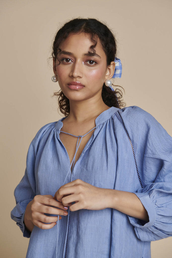 Ashwem Linen Lace Panelled Dress linen by Saphed in blue color for women Worldwide