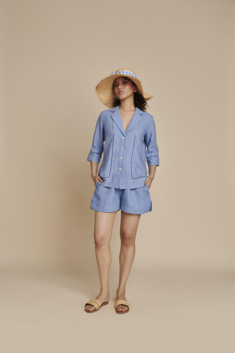 Ashwem Linen Lapel Collar Shirt Set linen by Saphed in blue color for women Worldwide