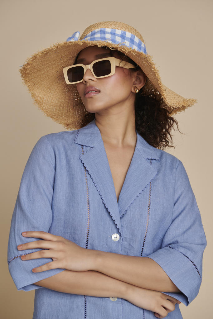 Ashwem Linen Lapel Collar Shirt Set linen by Saphed in blue color for women Worldwide