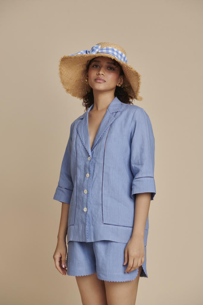 Ashwem Linen Lapel Collar Shirt Set linen by Saphed in blue color for women Worldwide