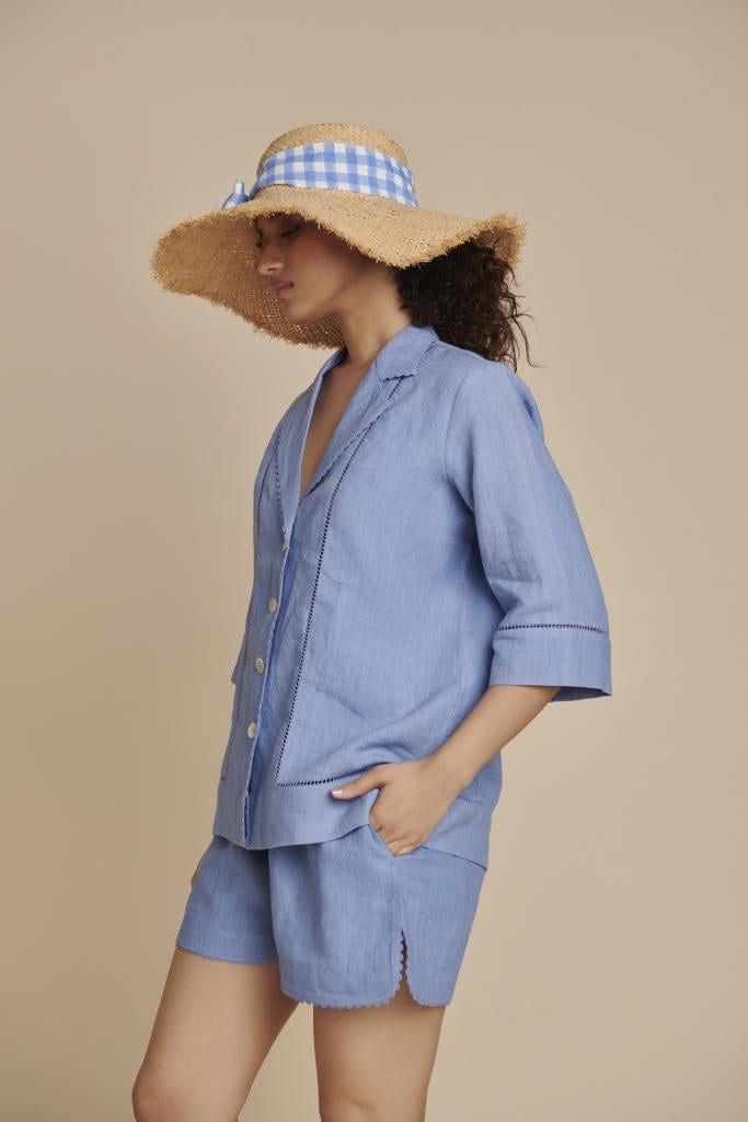 Ashwem Linen Lapel Collar Shirt Set linen by Saphed in blue color for women Worldwide