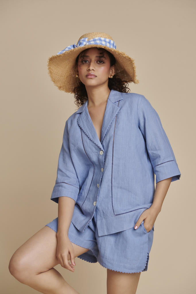 Ashwem Linen Lapel Collar Shirt Set linen by Saphed in blue color for women Worldwide