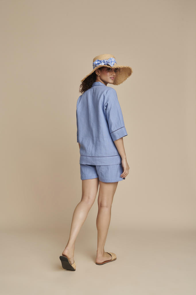 Ashwem Linen Lapel Collar Shirt Set linen by Saphed in blue color for women Worldwide
