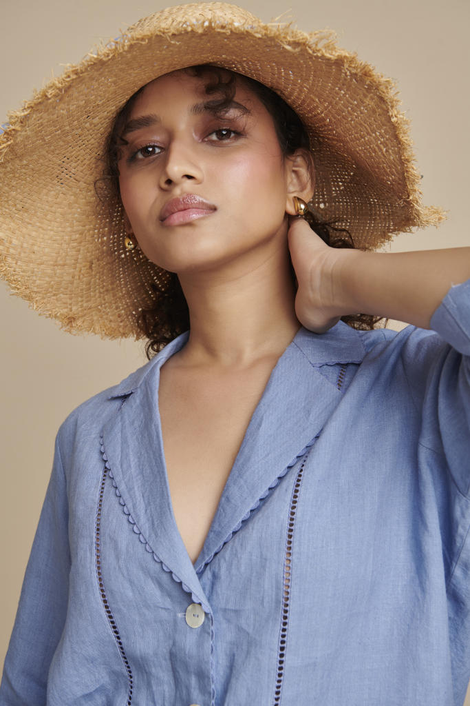 Ashwem Linen Lapel Collar Shirt Set linen by Saphed in blue color for women Worldwide