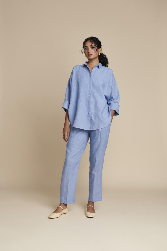 Ashwem Linen Oversized Flared Shirt Set linen by Saphed in blue color for women Worldwide