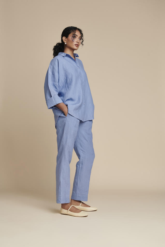 Ashwem Linen Oversized Flared Shirt Set linen by Saphed in blue color for women Worldwide