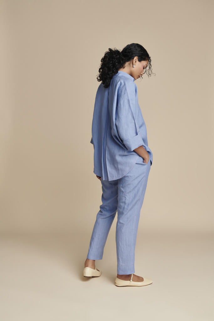 Ashwem Linen Oversized Flared Shirt Set linen by Saphed in blue color for women Worldwide