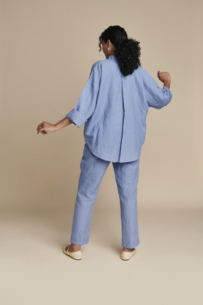 Ashwem Linen Oversized Flared Shirt Set linen by Saphed in blue color for women Worldwide