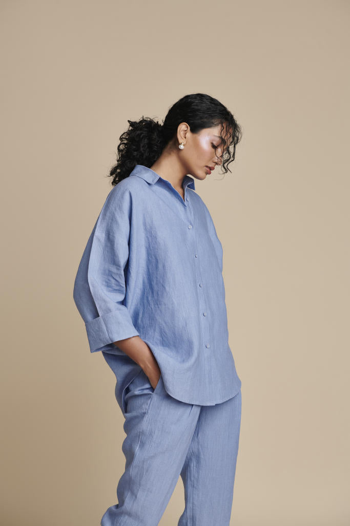 Ashwem Linen Oversized Flared Shirt Set linen by Saphed in blue color for women Worldwide