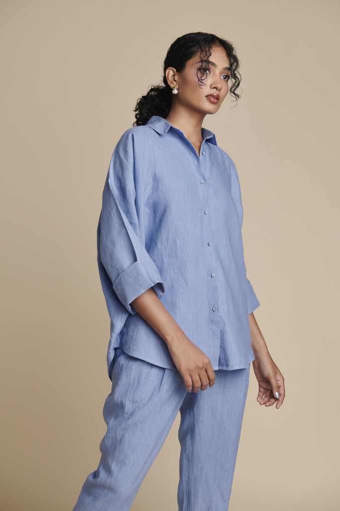 Ashwem Linen Oversized Flared Shirt linen by Saphed in blue color for women Worldwide