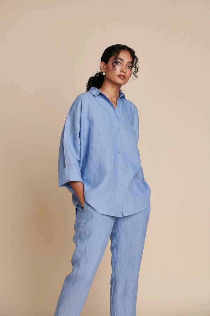 Ashwem Linen Pleated Pants linen by Saphed in blue color for women Worldwide
