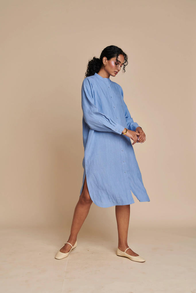 Ashwem Linen Shirt Dress linen by Saphed in blue color for women Worldwide