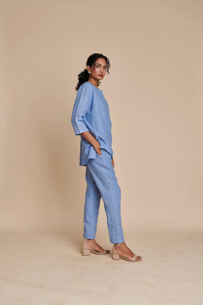 Ashwem Linen Short Kurta Set linen by Saphed in blue color for women Worldwide