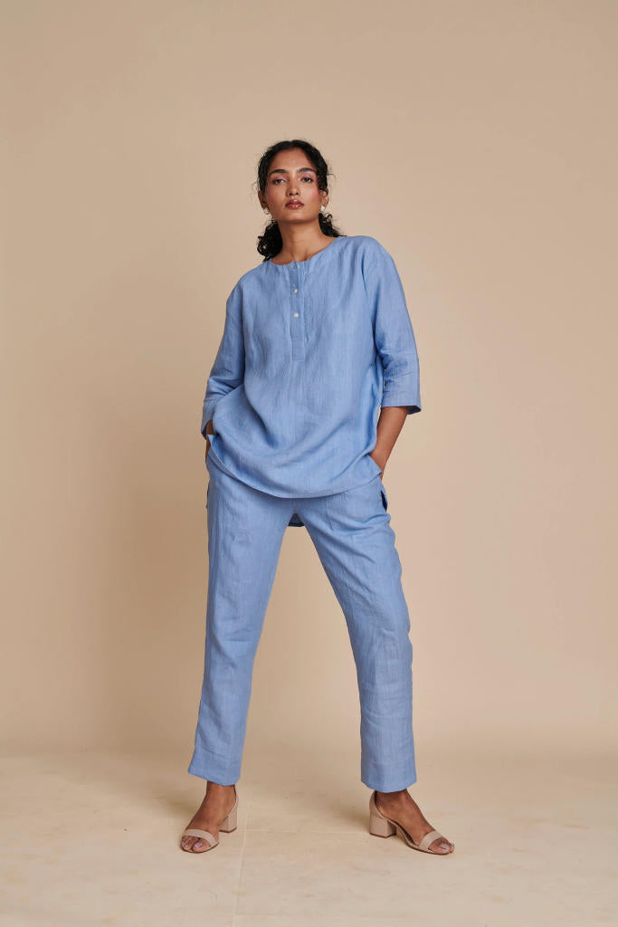 Ashwem Linen Short Kurta Set linen by Saphed in blue color for women Worldwide