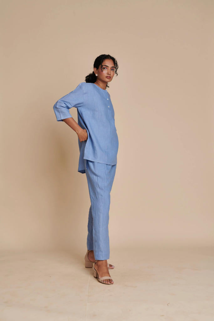 Ashwem Linen Short Kurta Set linen by Saphed in blue color for women Worldwide