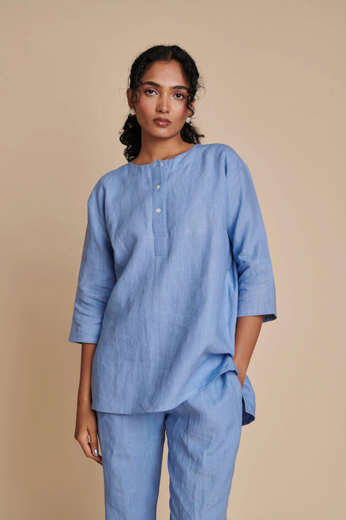 Ashwem Linen Short Kurta Set linen by Saphed in blue color for women Worldwide