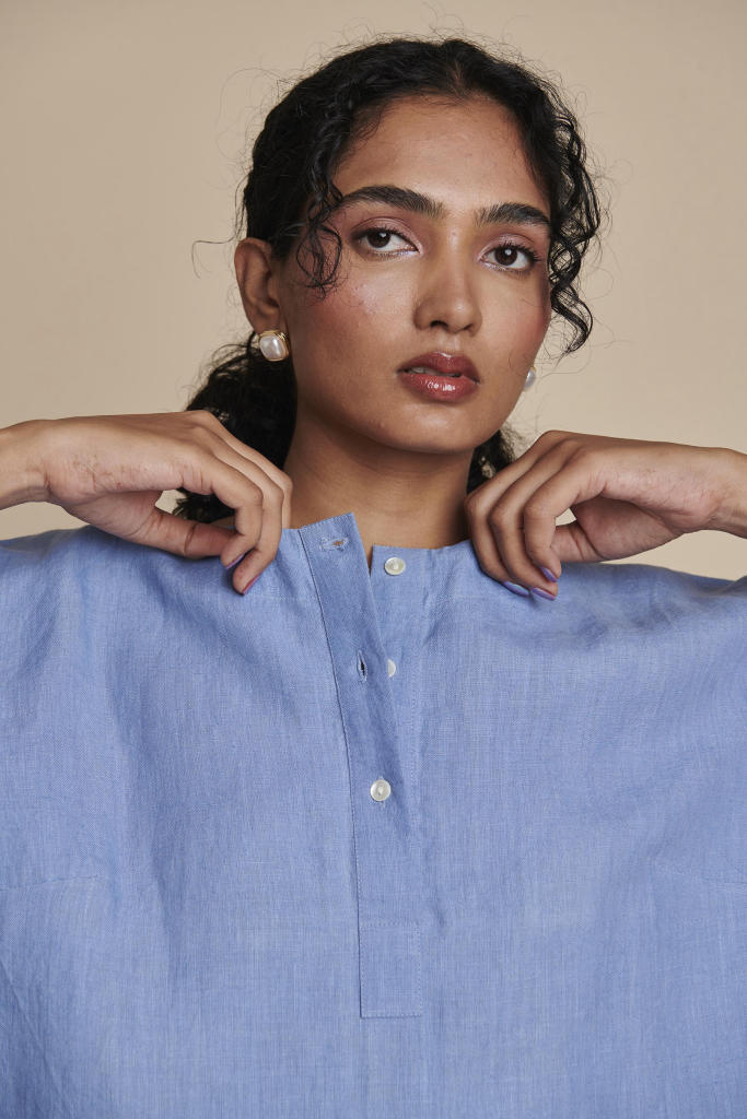 Ashwem Linen Short Kurta linen by Saphed in blue color for women Worldwide