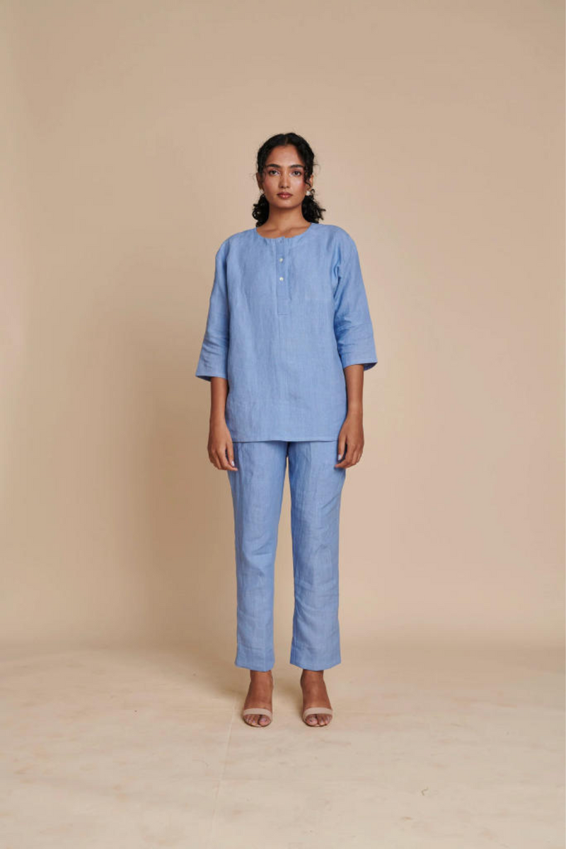 Ashwem Linen Short Kurta Set linen by Saphed in blue color for women Worldwide
