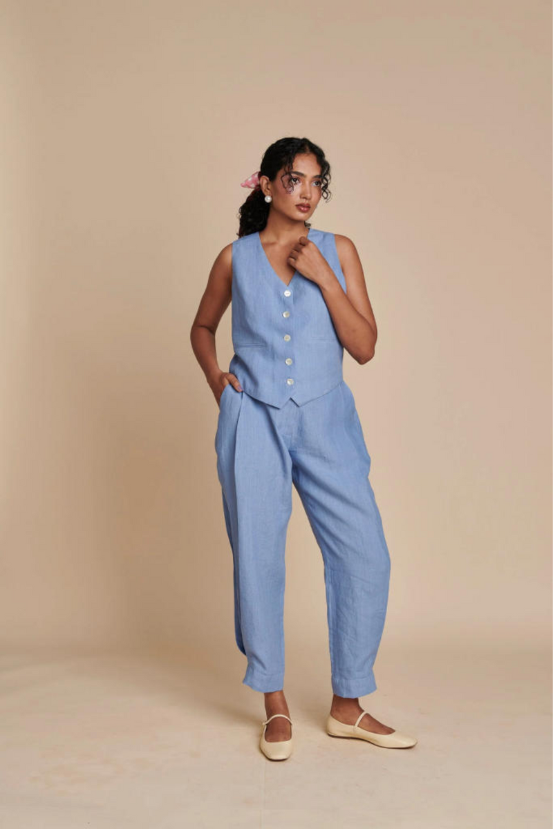 Ashwem Linen Side Pleated Pants linen by Saphed in blue color for women Worldwide