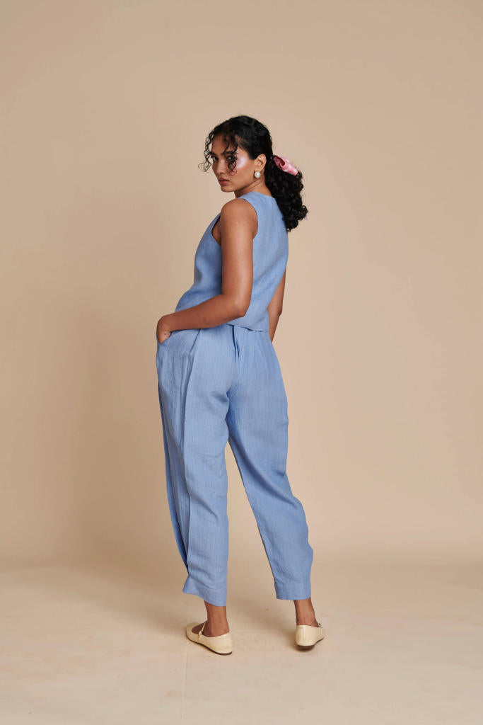 Ashwem Linen Side Pleated Pants linen by Saphed in blue color for women Worldwide