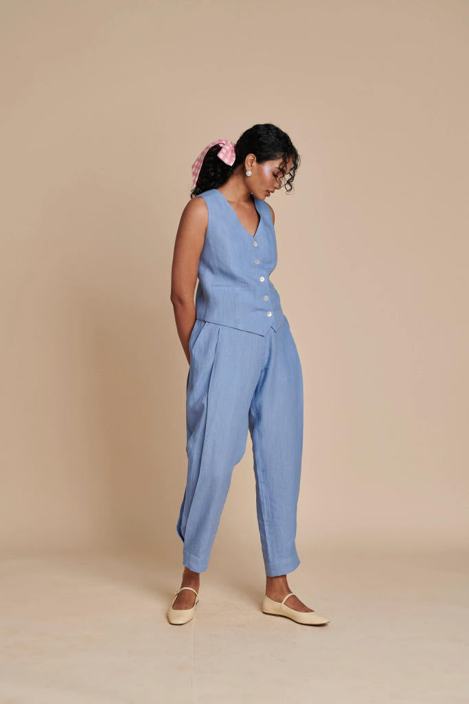 Ashwem Linen Side Pleated Pants linen by Saphed in blue color for women Worldwide
