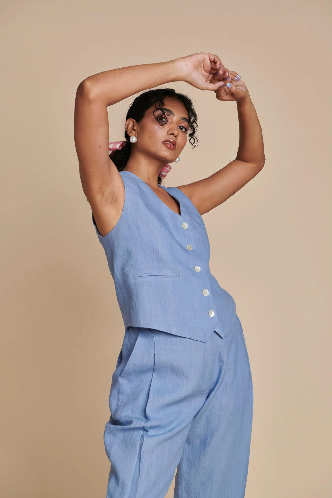 Ashwem Linen Side Pleated Pants linen by Saphed in blue color for women Worldwide