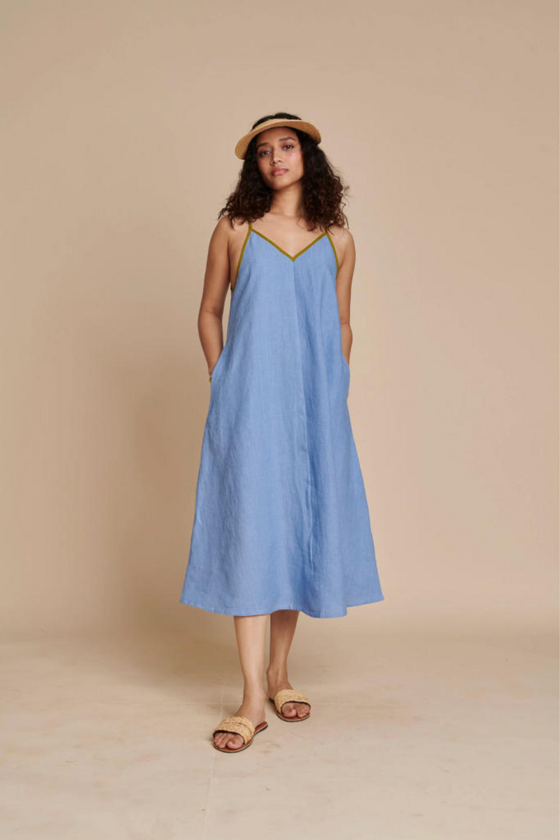 Ashwem Linen Sundress linen by Saphed in blue color for women Worldwide