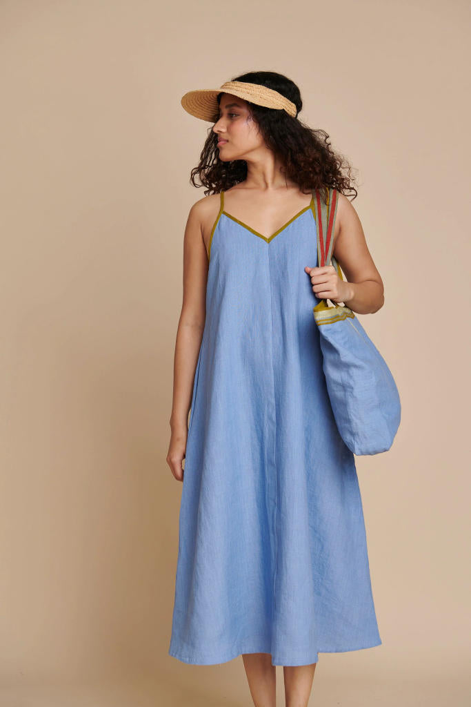 Ashwem Linen Sundress linen by Saphed in blue color for women Worldwide