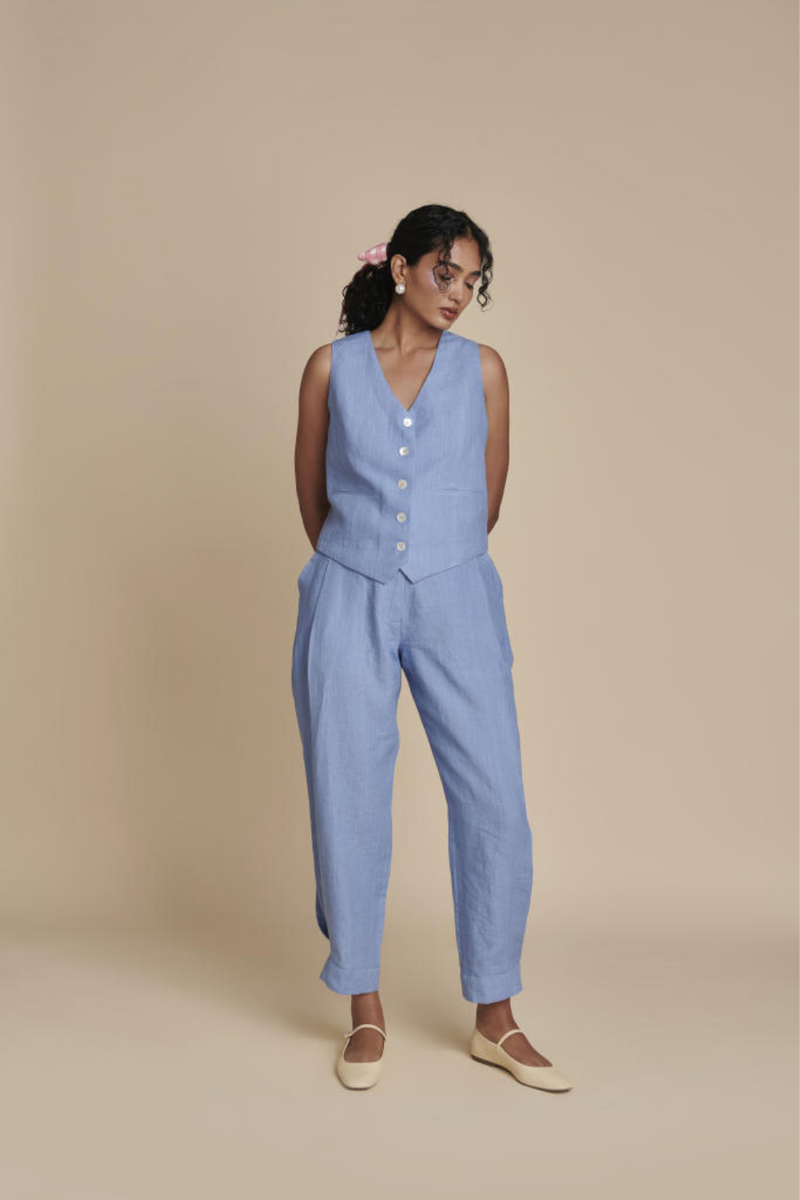 Ashwem Linen Waist Coat linen by Saphed in blue color for women Worldwide