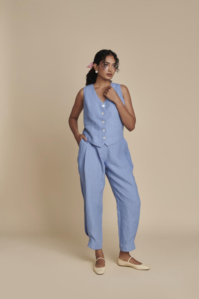 Ashwem Linen Waist Coat linen by Saphed in blue color for women Worldwide