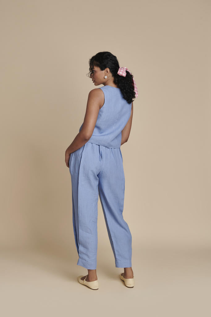 Ashwem Waist Coat Set linen by Saphed in blue color for women Worldwide