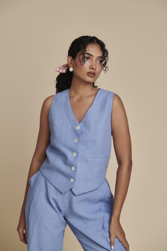 Ashwem Linen Waist Coat linen by Saphed in blue color for women Worldwide