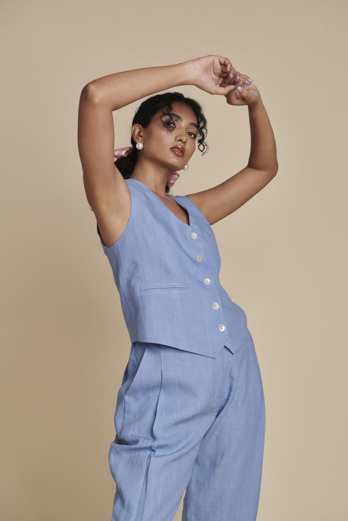 Ashwem Waist Coat Set linen by Saphed in blue color for women Worldwide