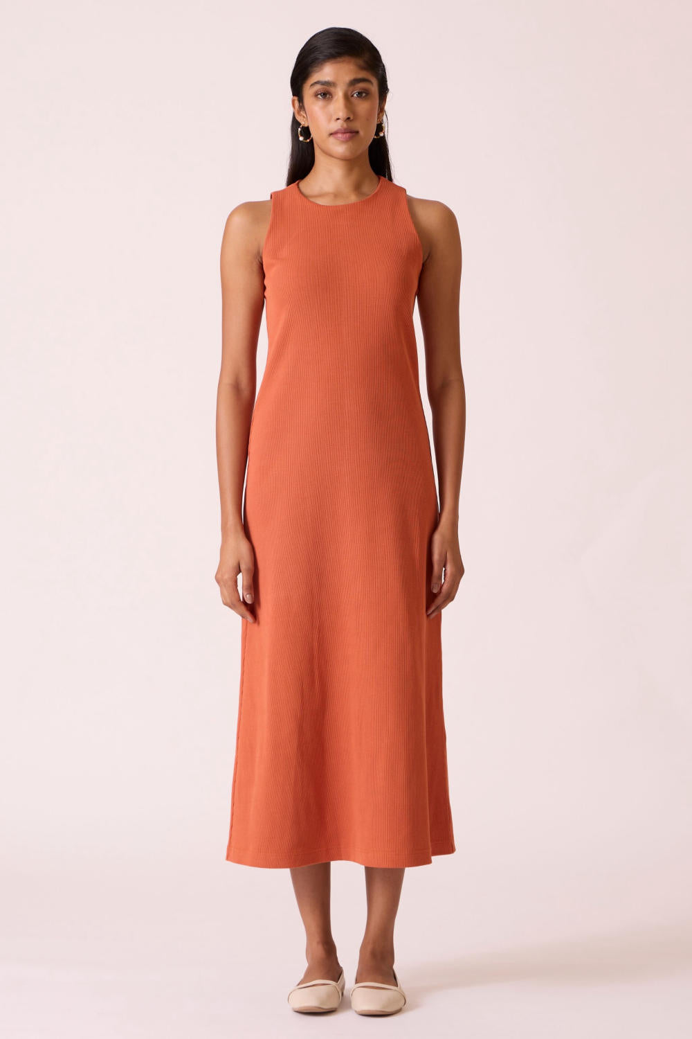 Asuka Orange Cotton Midi Dress