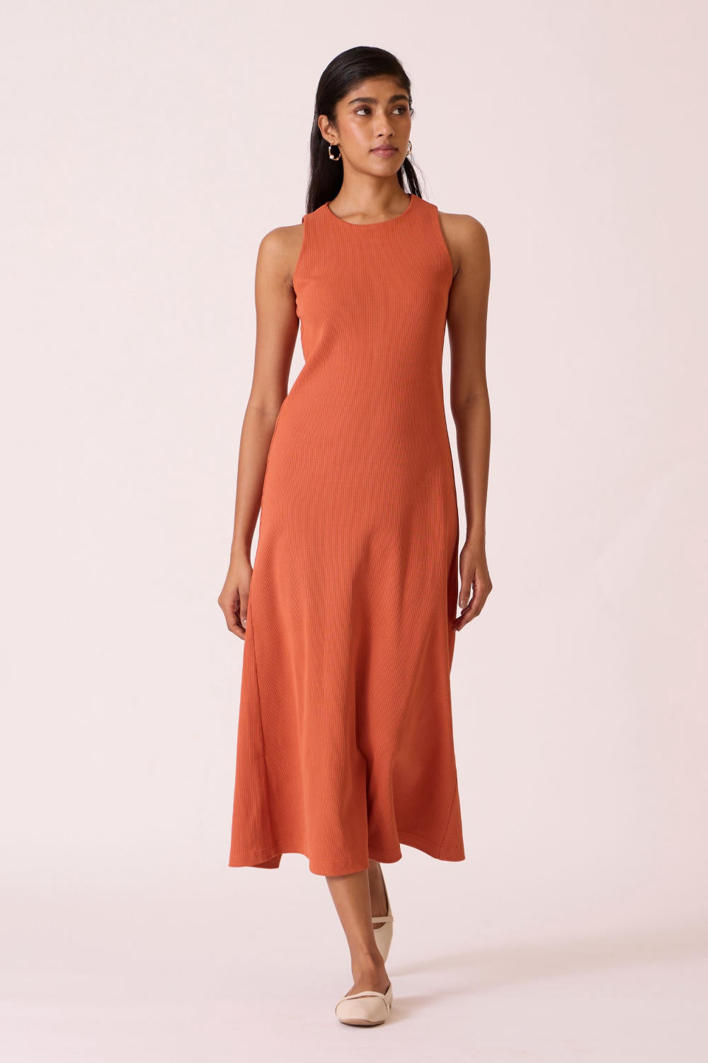 Asuka Orange Cotton Midi Dress