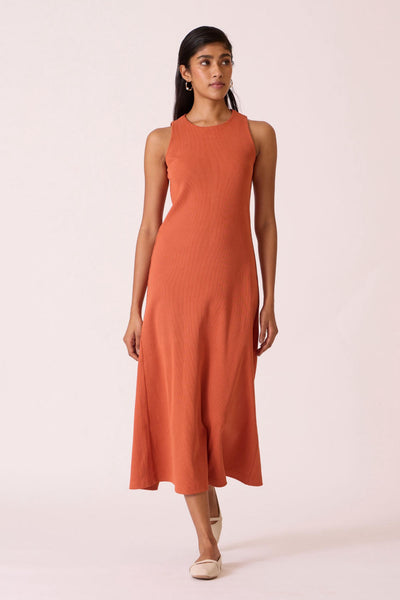 Asuka Orange Cotton Midi Dress