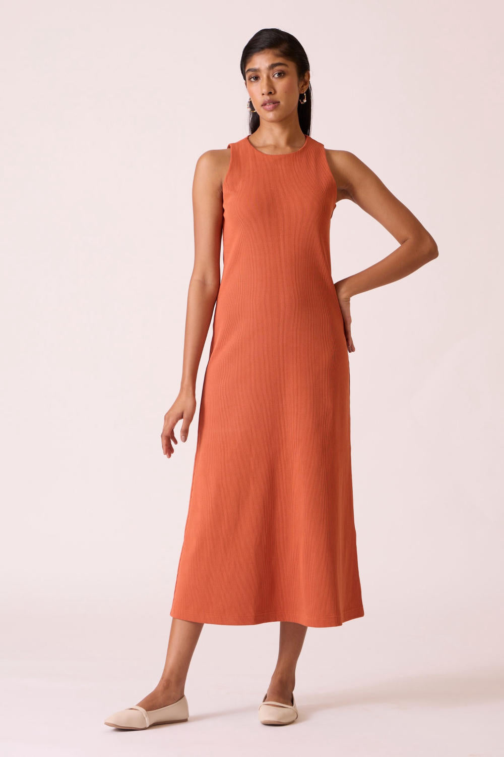 Asuka Orange Cotton Midi Dress