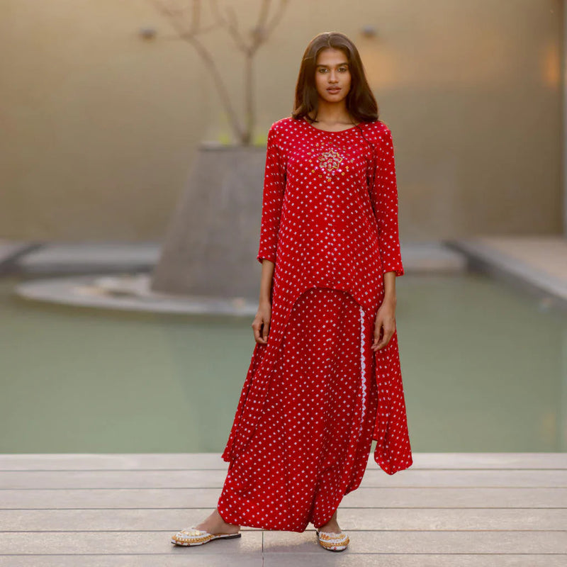 ASYMMETRICAL OVERLAP DHOTI SET-red silk by Dyelogue in red color for women Worldwide