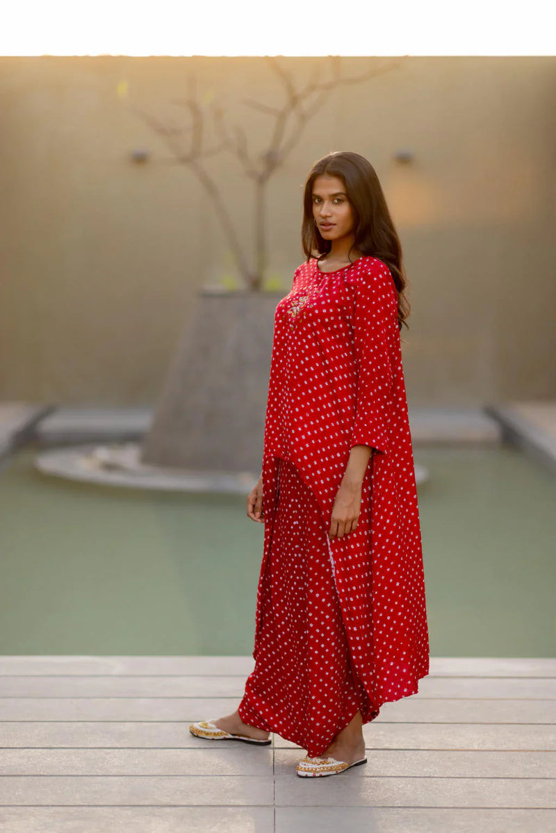 ASYMMETRICAL OVERLAP DHOTI SET-red silk by Dyelogue in red color for women Worldwide