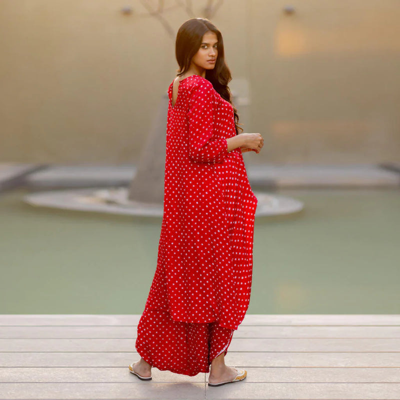 ASYMMETRICAL OVERLAP DHOTI SET-red silk by Dyelogue in red color for women Worldwide