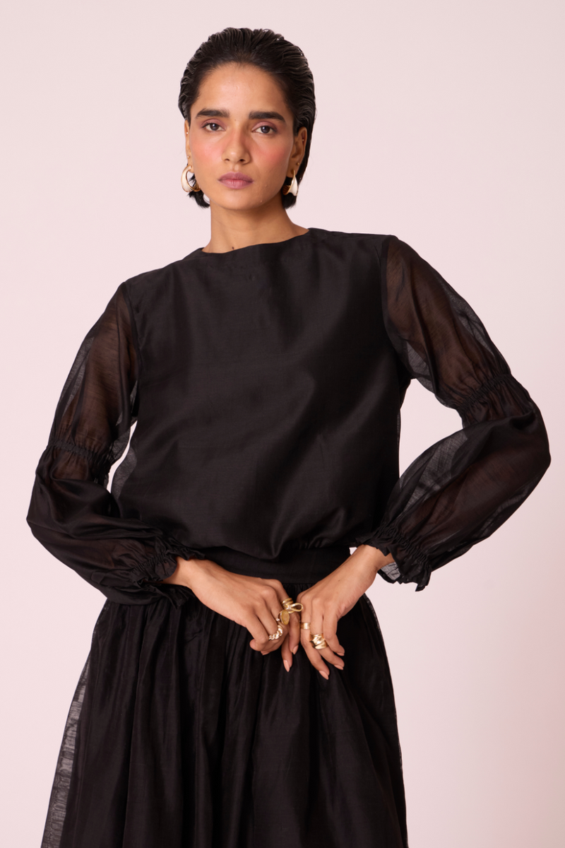 Atlas Black Handwoven Top chanderi by The Summer House in black color for women Worldwide