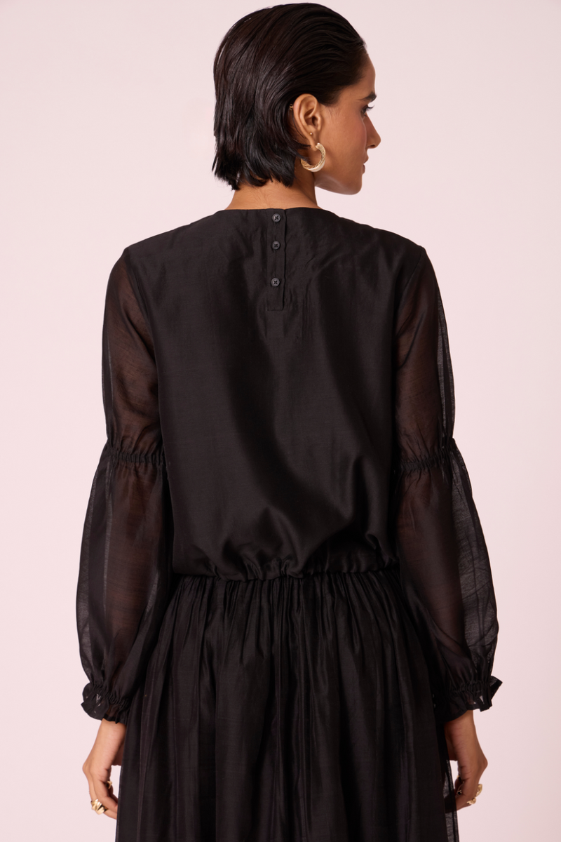 Atlas Black Handwoven Top chanderi by The Summer House in black color for women Worldwide